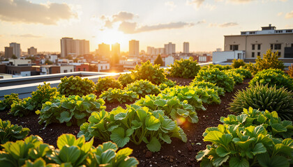 Fototapeta premium Aerial view of rooftop vegetable garden at sunrise, sustainable living