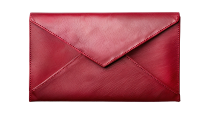 Red leather clutch bag shaped like an envelope on transparent background