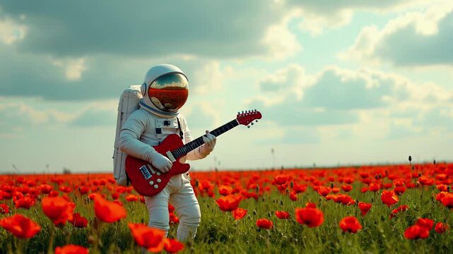 Astronaut playing guitar in a colorful poppy field under the sky
