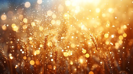 Obraz premium Golden wheat field illuminated by warm sunlight and bokeh