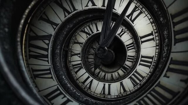 spiral staircase clock eternal loop logarithm form Time travel concept. Time travel clock. 4K Video immense clock, symbolizing time and mystery.