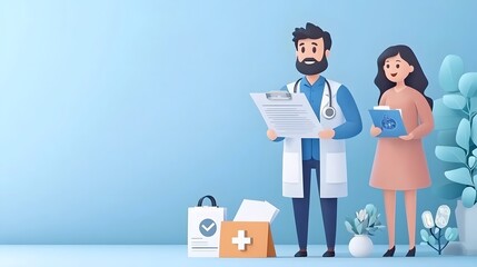 Obraz premium Medical Specialist Carefully Reviewing Insurance Paperwork and Discussing Medical Bills and Costs in a 3D Illustrated Scene Healthcare Professional Analyzing Financial Documentation
