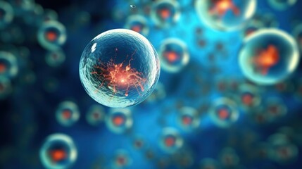 Naklejka premium Abstract Concept of Micro Cells with Complex Structures in a Vibrant Background Representing Biotechnology and Life Sciences