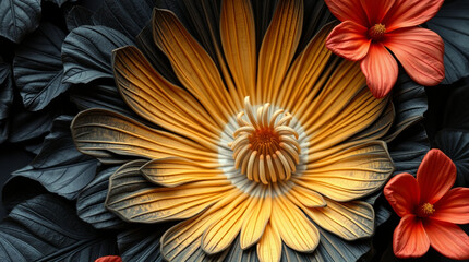 A close-up of a Rafflesia and tropical flora, crafted from layered papier-m&acirc;ch&eacute;, rendered in intense jet black, with deep shadows and sculpted texture