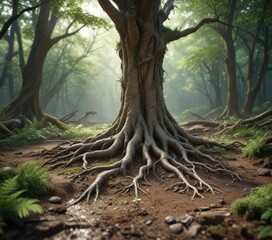 Obraz premium Tree roots growing out of the ground in a leafy undergrowth, greenery, undergrowth, forest floor