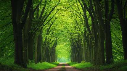 Fototapeta premium A walkway through a green beech forest in Leuven, Belgium, creating a beautiful natural tunnel.