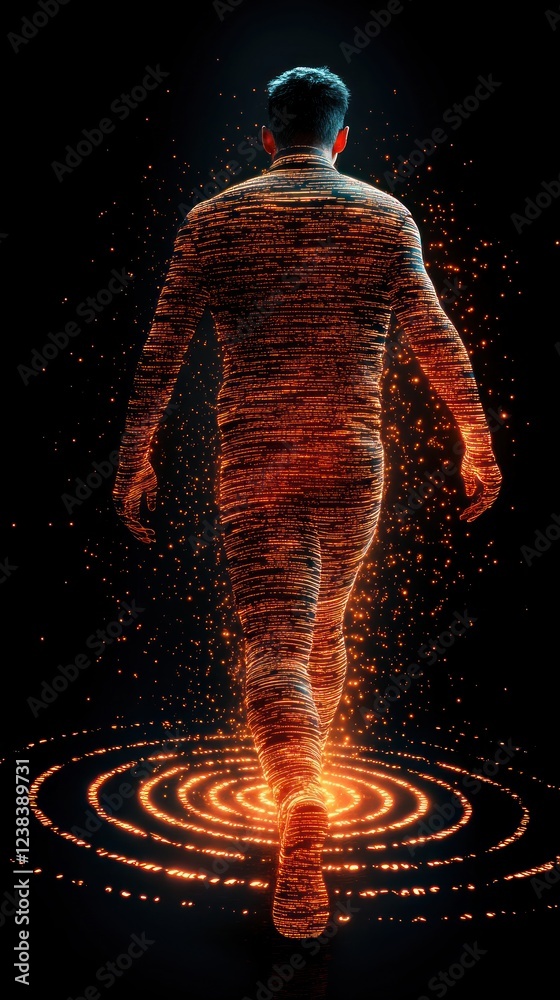 Poster abstract silhouette of a person walking into a vortex of glowing energy particles against a dark bac