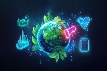 Naklejka premium Green Earth, sustainable future, global action, energy icons
