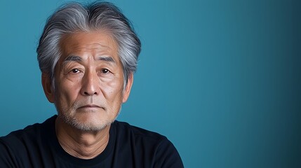 Obraz premium Portrait of a thoughtful poised older Japanese man dressed in a simple black shirt his features softly lit against a seamless blue background creating an elegant