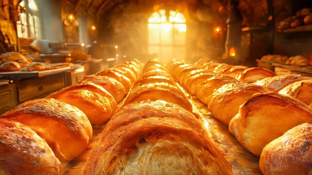 Rows of golden, crusty loaves of bread in a traditional bakery, illuminated by warm sunlight