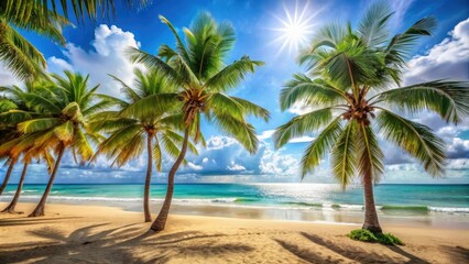 Tropical beach scene with palm trees swaying in the ocean breeze on a hot summer afternoon, summer vacation, warm water, palm trees, beach chairs
