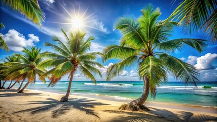 Fototapeta premium Tropical beach scene with palm trees swaying in the ocean breeze on a hot summer afternoon, tropical, seagulls, beach chairs, warm water, ocean