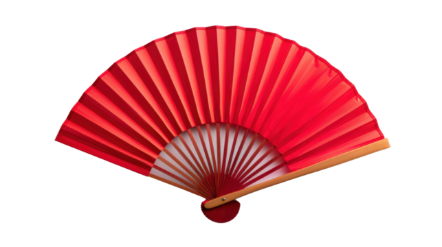 Red hand fan open on transparent background representing chinese culture