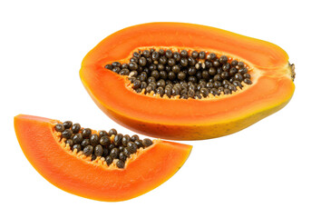 A papaya with a slice showing black seeds, isolated on white background