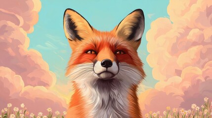 Fototapeta premium Wildlife encounter nature idea. A vivid illustration of a majestic fox against a colorful sky and blooming flowers.