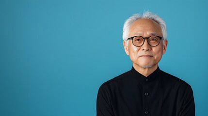 Obraz premium Thoughtful and Experienced Senior Japanese Man Leaning Forward with Intellectual Gaze Showcasing Wisdom and Sophistication on Minimalist Blue Background Ideal for Corporate Executive