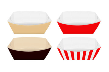 Blank empty white paper food tray. Kraft, red, black, striped. 3d mockup set. Easy editable. Fast food snack, dessert paperboard serving boat container packaging. Realistic vector mock-up. Template