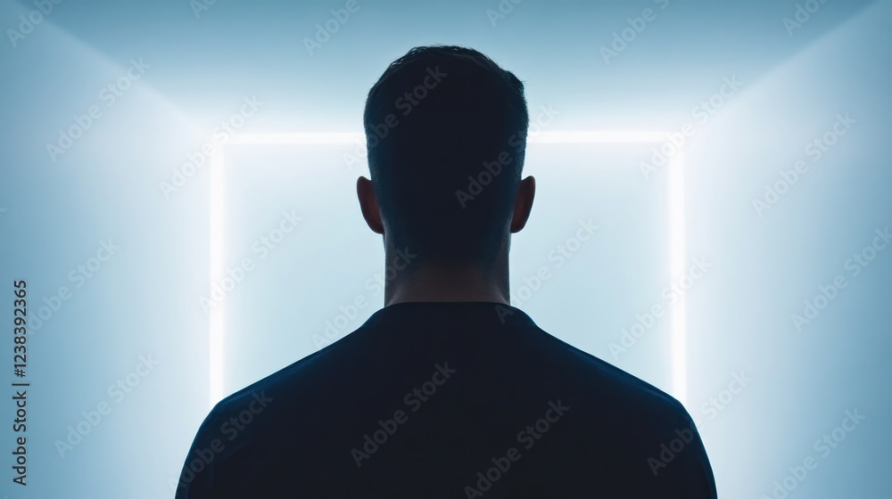 Poster Person Standing in Front of a Bright Light Box in a Minimalist Setting, Creating an Engaging Atmosphere and Mood