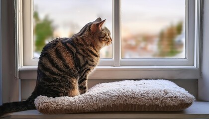 A striped cat quietly observes the scenery from its cozy spot, embracing the warmth of sunlight.