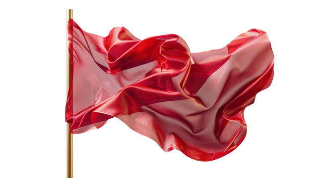 Red flag waving on transparent background with golden pole