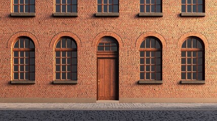 Fototapeta premium Architectural Exterior of Old Brick Building with Arched Windows and Wooden Door