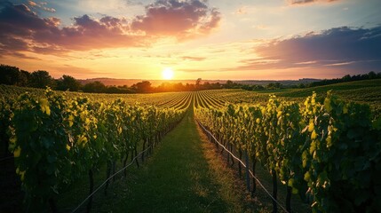 Naklejka premium A stunning sunset over a lush vineyard with rows of green grapevines stretching into the horizon.