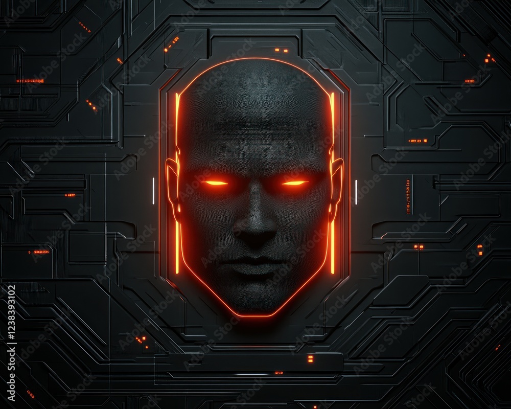 Aufkleber Futuristic Tech Face with Glowing Eyes on Circuit Board Background
