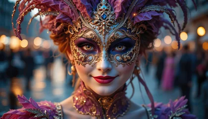 Fototapete Venetian carnival mask, Portrait of beautiful woman with masquerade carnival mask on her face. © Dwi
