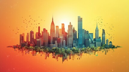 Obraz premium vibrant cityscape featuring skyscrapers and greenery, illuminated by warm sunset glow, creating stunning visual contrast