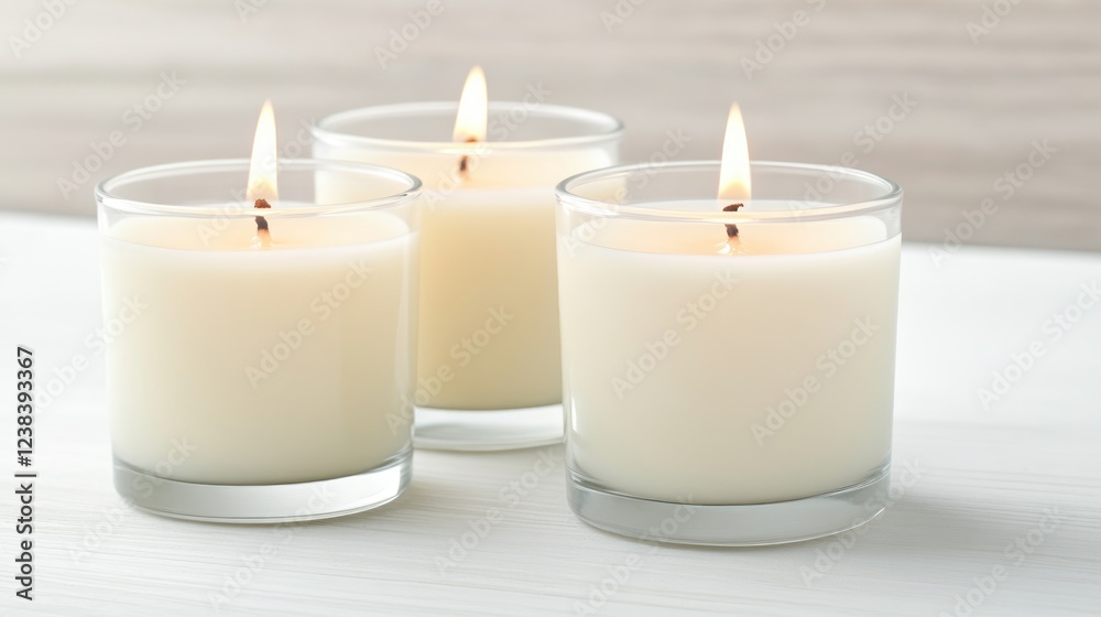 Poster tranquil ambiance with three lit candles in glass holders creating a serene atmosphere suitable for 