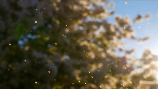 Close-up of pollen and dust floating in the air with blurred blooming trees in the background, representing environmental allergies on a bright day.	
