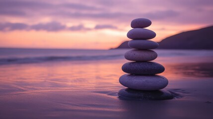 Balanced Stones Tower Against Sunset Sky by the Calm Ocean