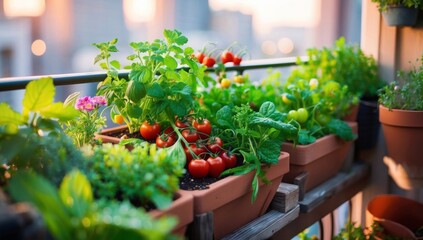 A balcony vegetable garden with organic herbs and veggies, demonstrating how small urban spaces can host a thriving, sustainable garden.