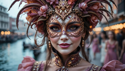 Venetian carnival mask, Portrait of beautiful woman with masquerade carnival mask on her face.