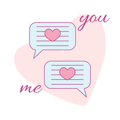 Two speech bubbles with a heart for romantic communication. Romantic message or chat on social media. Vector illustration