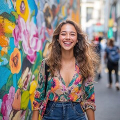 Fototapeta premium Young woman standing joyfully in colorful urban alley with vibrant floral mural in background, showcasing happiness and style