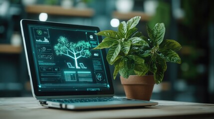 A laptop displaying environmental data next to a thriving green plant in a modern workspace, emphasizing the blend of technology and nature.