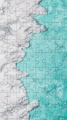 Fototapeta premium Abstract Jigsaw Puzzle with Marble and Teal Design Half Complete Close Up View