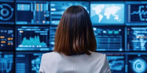 A professional woman studies various digital screens displaying data analytics and global maps in a high-tech environment.