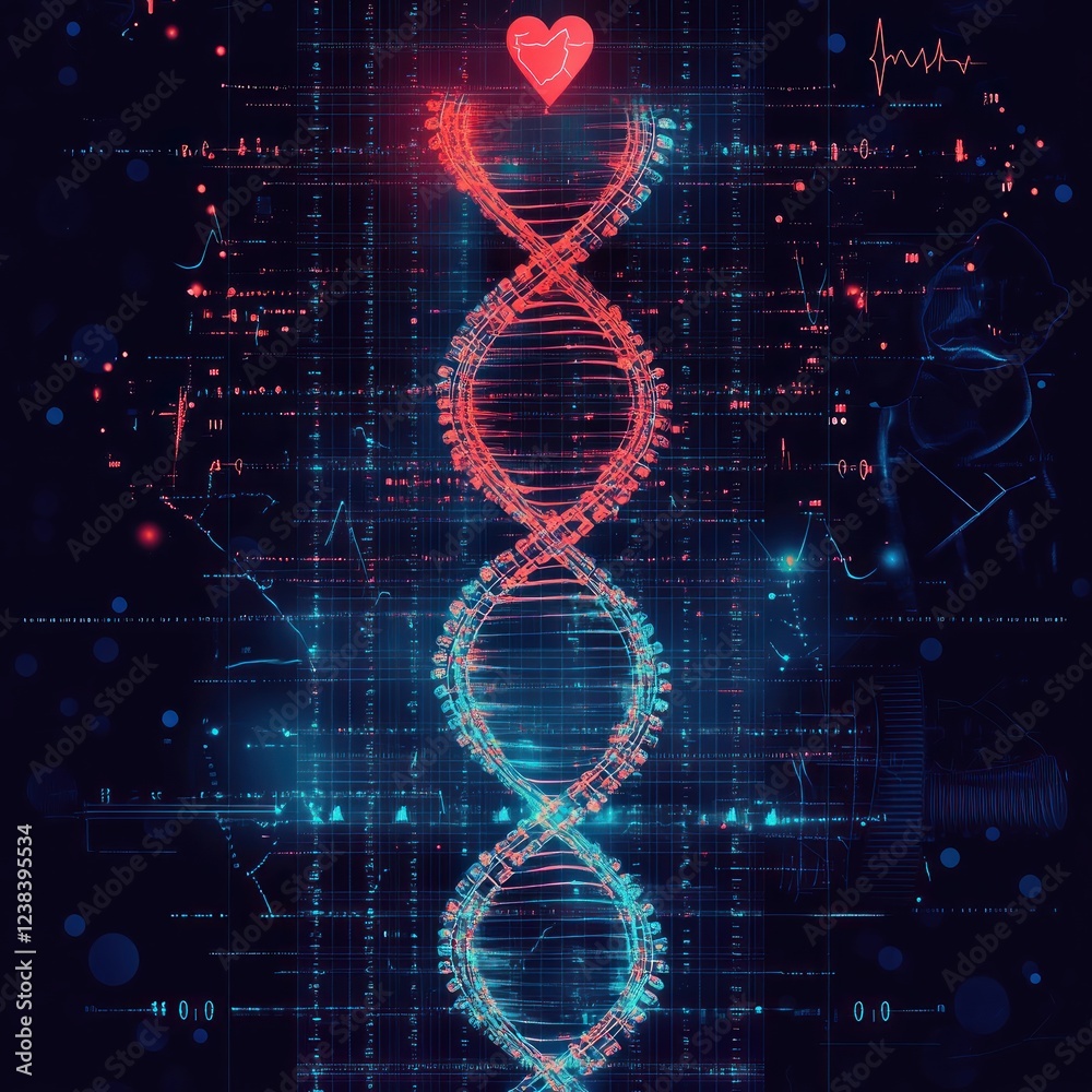 Poster Colorful Digital DNA Helix with Heart Symbol and Medical Data Graphics for Health and Science Concepts