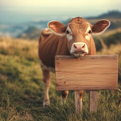 A farm mockup with a curious brown cow standing in a grassy field, holding a blank wooden sign, perfect for customizable messages in a rustic farm setting