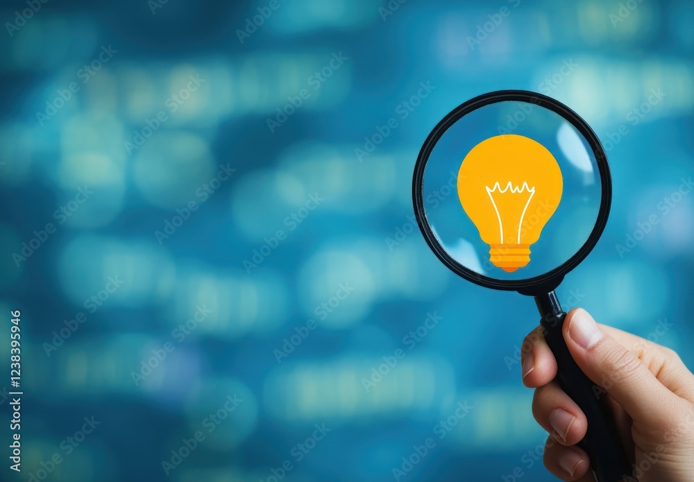 Aufkleber creative concept of idea generation with magnifying glass focused on light bulb against blurred back