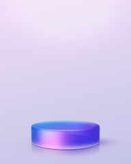 3d iridescent hologram disk, coin, podium, pedestal. Render figure with purple, pink, blue colors. Vector illustration isolated on white for design projects, product display, presentation, adv