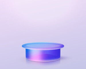 3d iridescent hologram disk, coin, podium, pedestal. Render figure with purple, pink, blue colors. Vector illustration isolated on white for design projects, product display, presentation, adv
