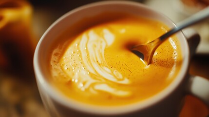 An orange turmeric coffee latte in a mug with creamy curcuma froth, golden curcumin foam close up