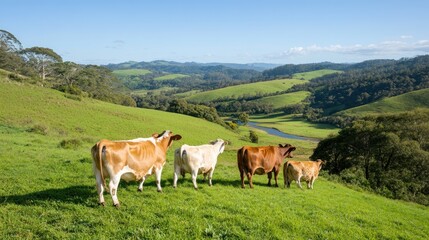 Naklejka premium Cows Grazing on Lush Green Hillside Overlooking Scenic Valley and River under Blue Sky