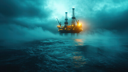 Fototapeta premium Offshore oil rig at dawn, illuminated against stormy sky and waves