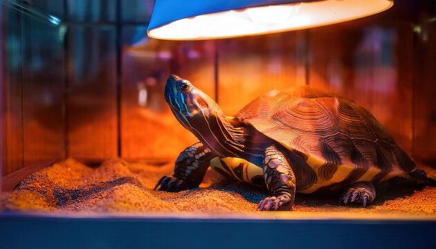 Colorful turtle explores its sandy terrarium, basking happily under a gentle warmth.