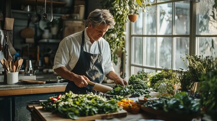 A chef in a kitchen holds a rolling pin while standing behind a salad and greens. There is a window behind them. 
