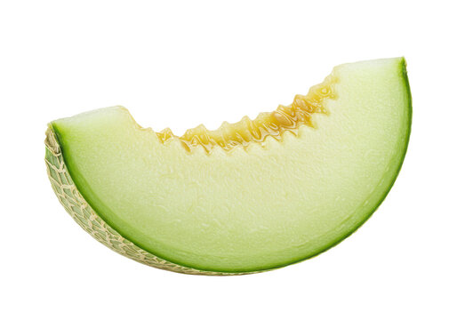 A honeydew melon slice, isolated on white background, no depth of field, sharp.